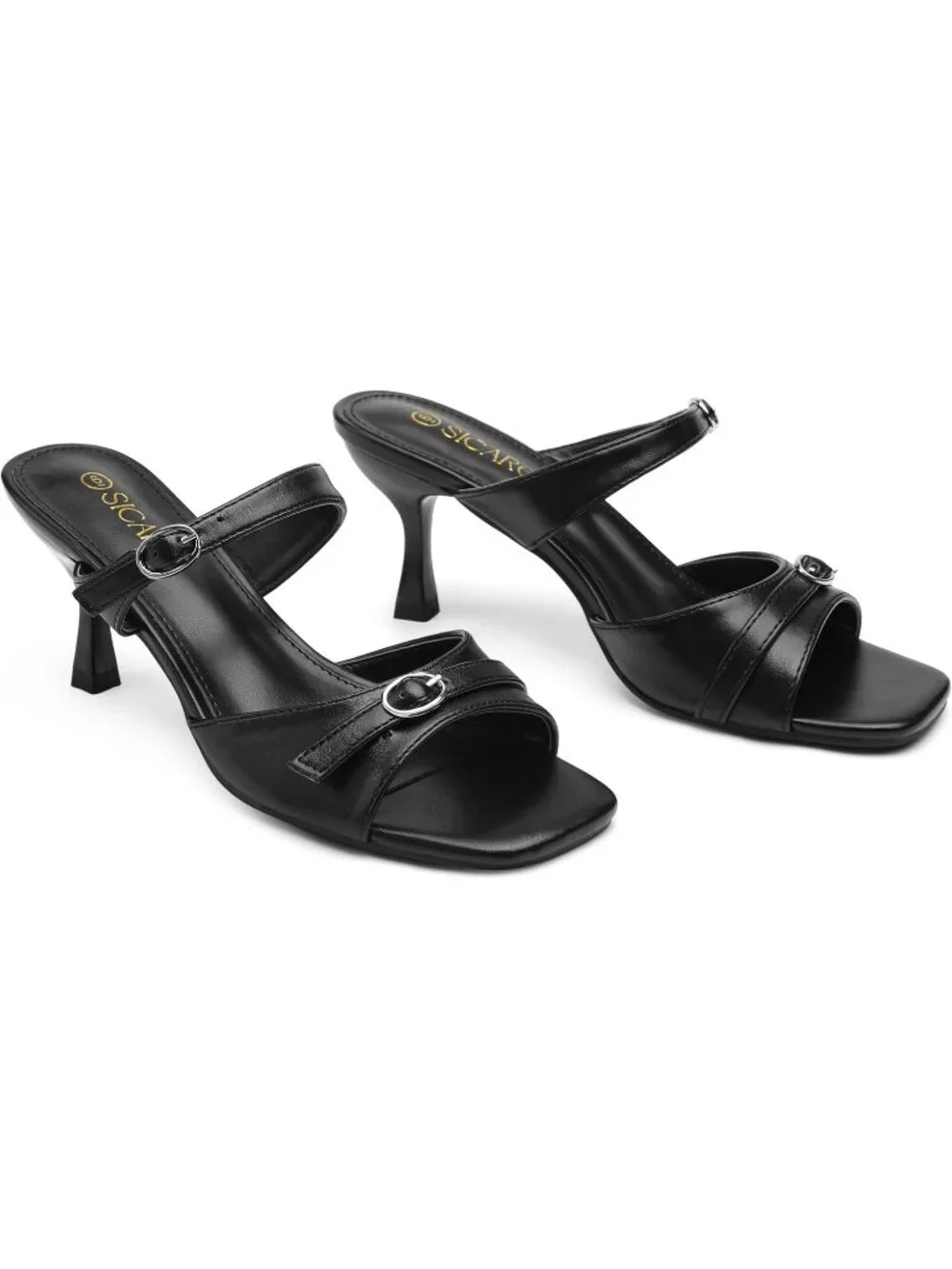 Women's Black Square Open Toe Low Kitten Heel Buckle Strap Casual Comfort Sandal